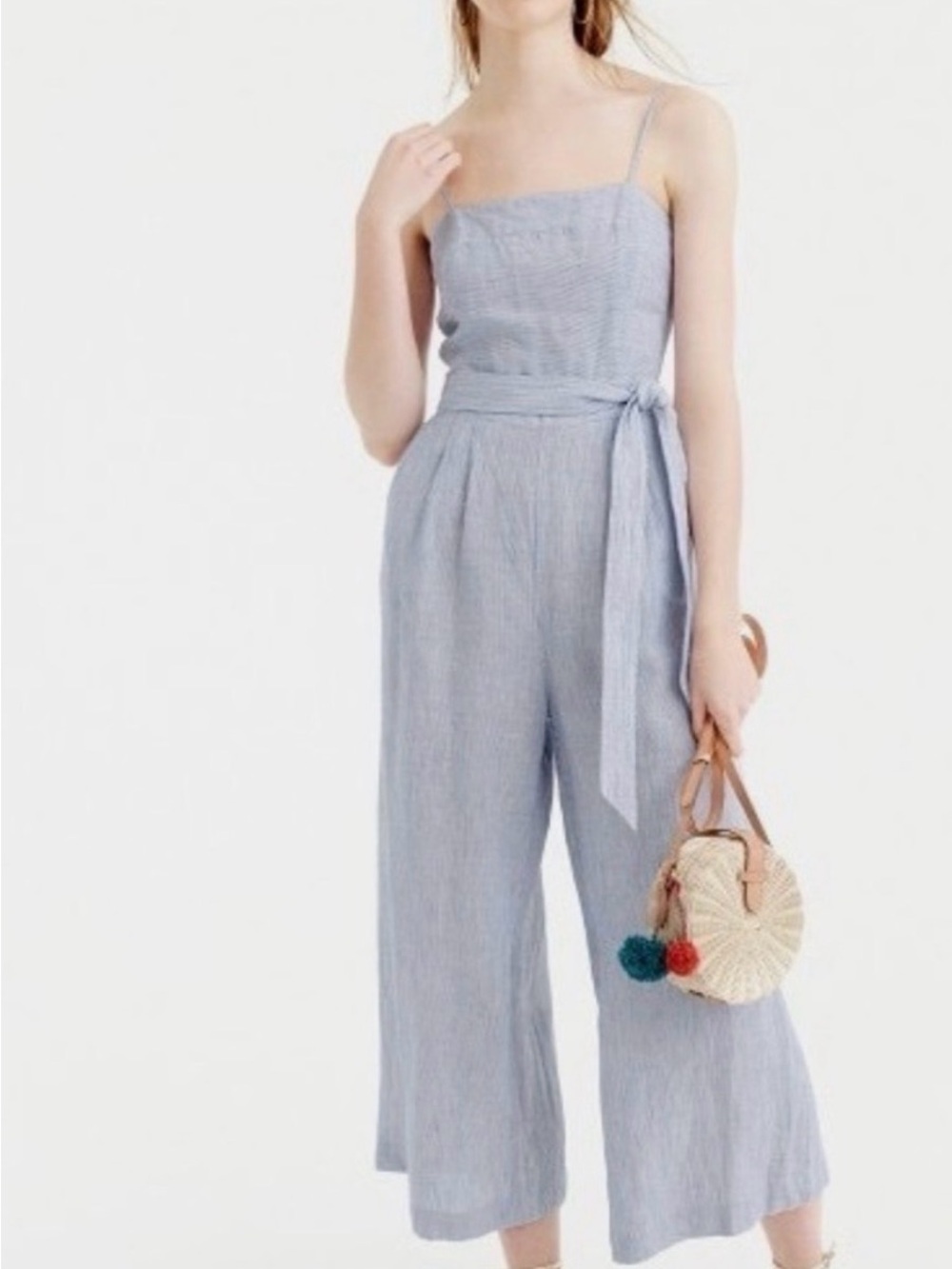 J. Crew Light Blue Striped Spaghetti-Strap Jumpsuit with Waist Tie